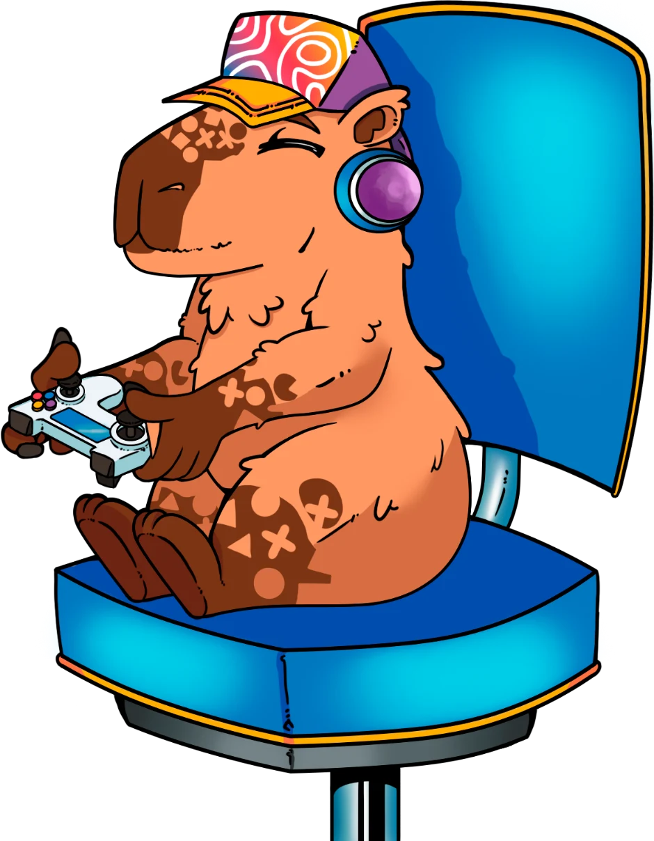 Capitch, the GJ+ capybara, in a gaming chair